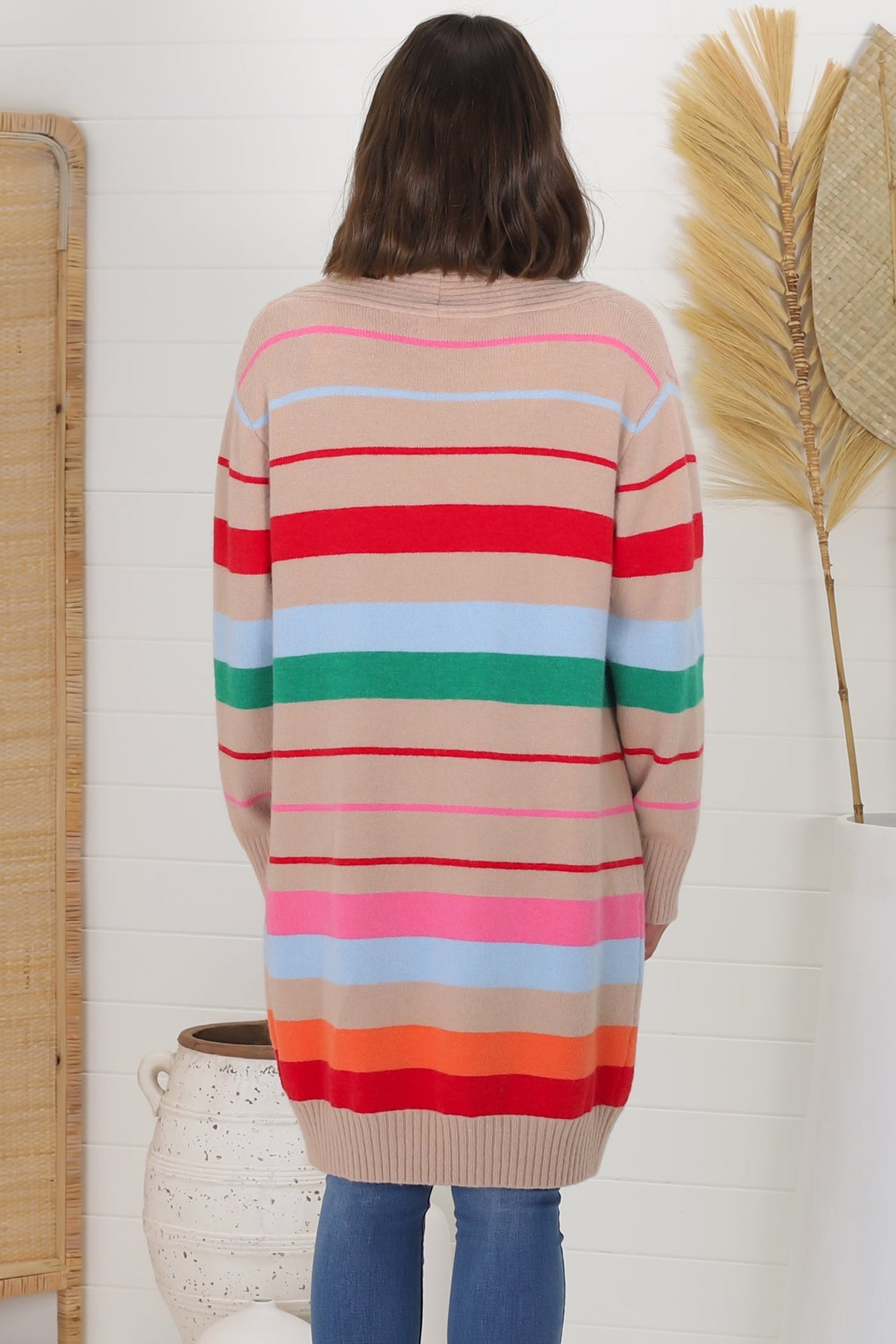 Kodie Cardigan - Open Front Bold Rainbow Stripe Cardigan in Camel