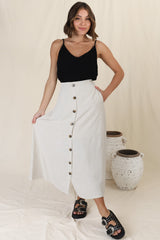 Murphy Midi Skirt - High Waisted Button Decal A-Line Skirt in Oat
