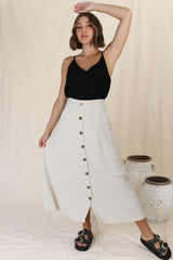 Murphy Midi Skirt - High Waisted Button Decal A-Line Skirt in Oat