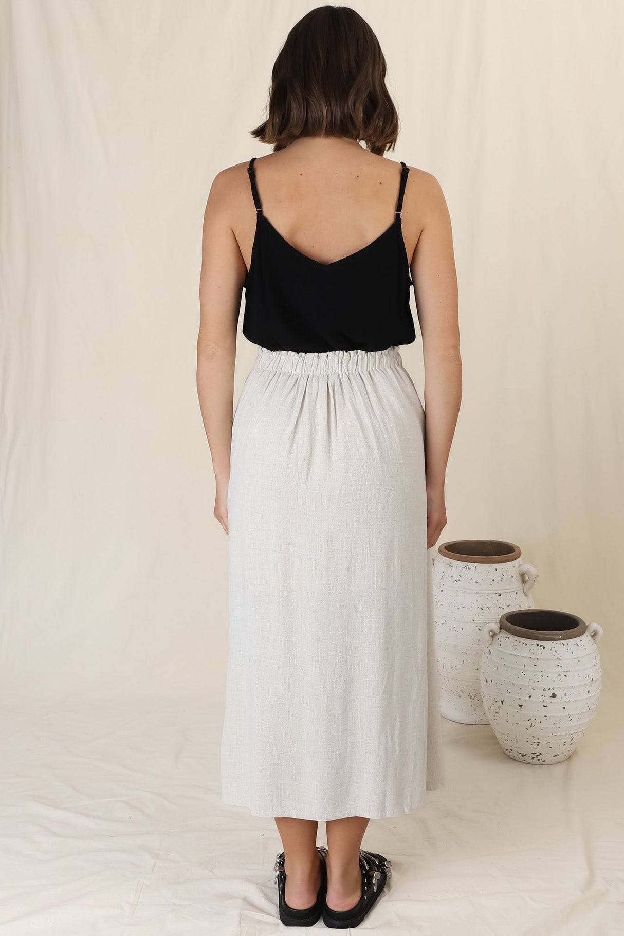 Murphy Midi Skirt - High Waisted Button Decal A-Line Skirt in Oat