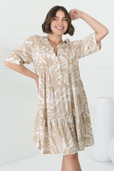 Evie Mini Dress - 3/4 Sleeve Tiered Smock Dress in Jeani Print Beige