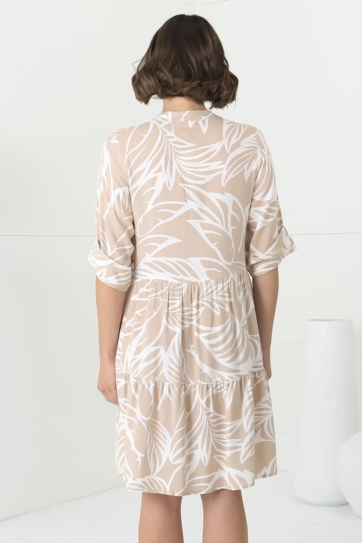 Evie Mini Dress - 3/4 Sleeve Tiered Smock Dress in Jeani Print Beige