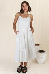 Arlowe Midi Dress - Soft V Neckline Tiered Linen Sun Dress in White