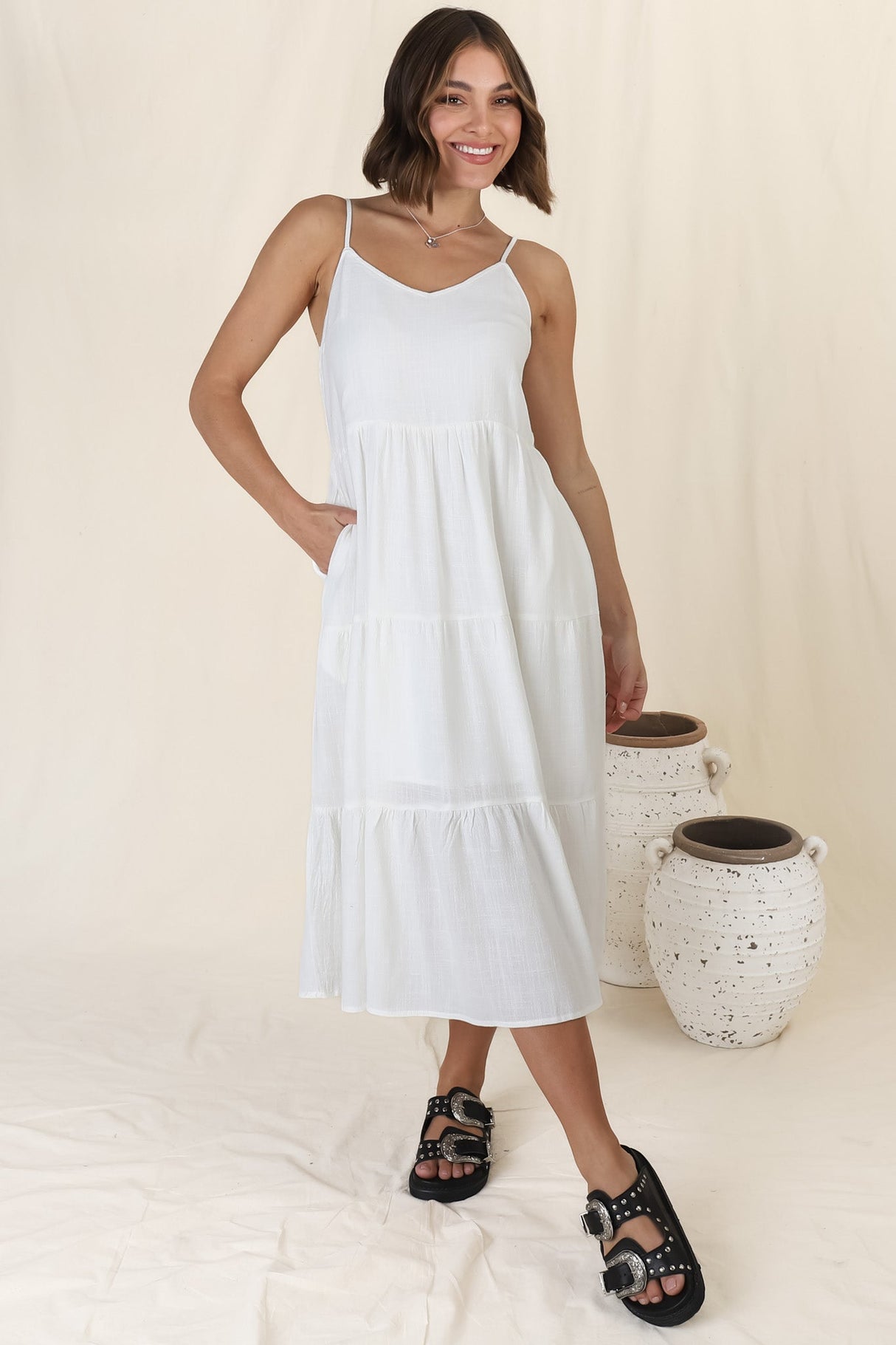 Arlowe Midi Dress - Soft V Neckline Tiered Linen Sun Dress in White