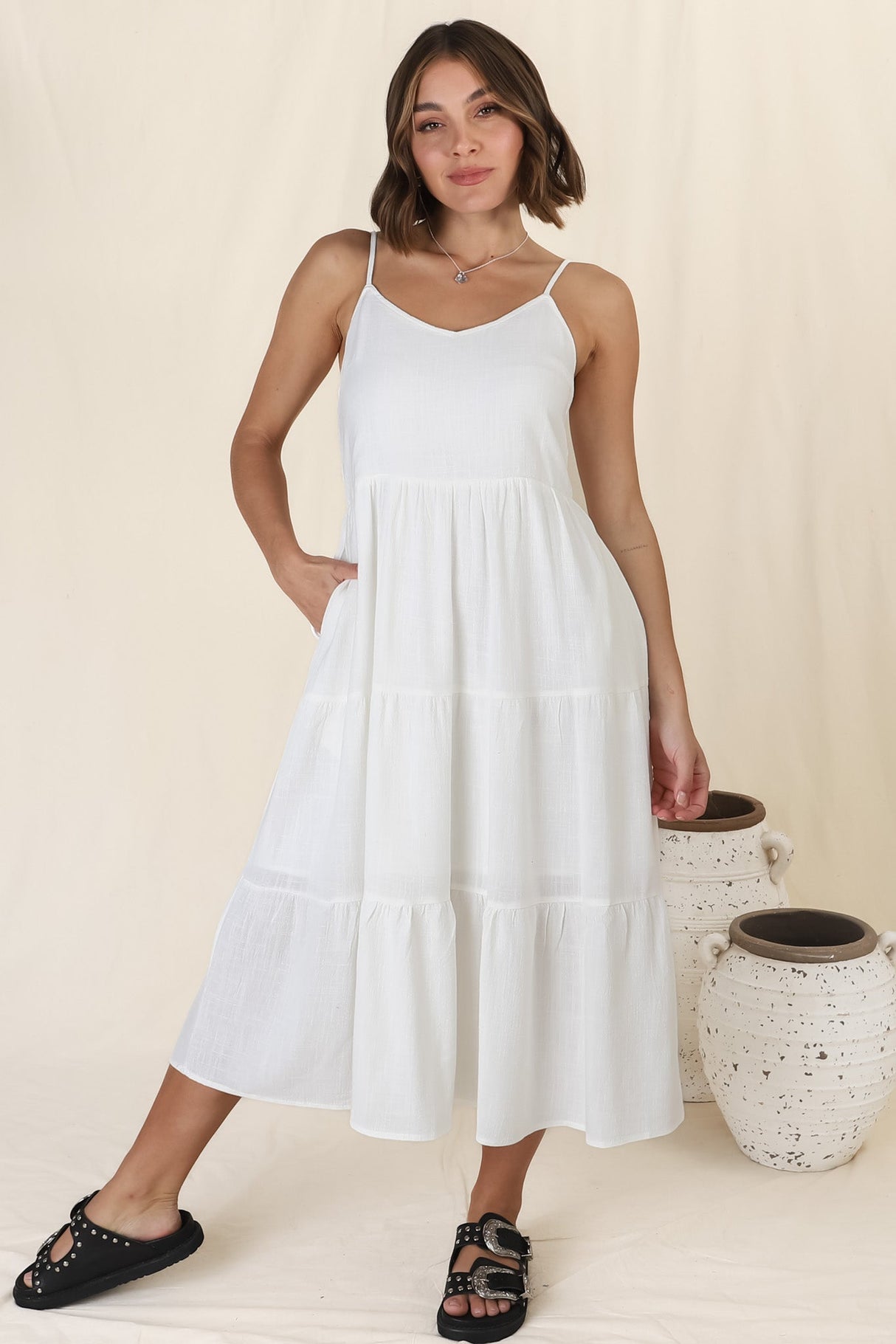 Arlowe Midi Dress - Soft V Neckline Tiered Linen Sun Dress in White