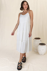 Arlowe Midi Dress - Soft V Neckline Tiered Linen Sun Dress in White