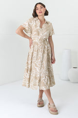 Luvira Midi Dress - Button Down Collared Dress With Statement Belt In Jeani Print Beige