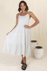Arlowe Midi Dress - Soft V Neckline Tiered Linen Sun Dress in White