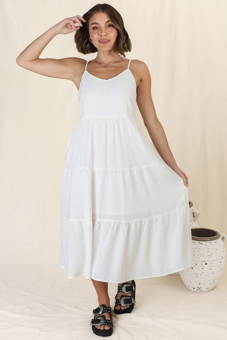 Arlowe Midi Dress - Soft V Neckline Tiered Linen Sun Dress in White