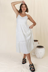 Arlowe Midi Dress - Soft V Neckline Tiered Linen Sun Dress in White