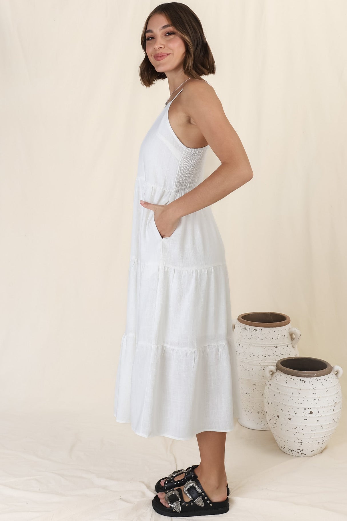 Arlowe Midi Dress - Soft V Neckline Tiered Linen Sun Dress in White
