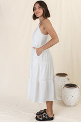 Arlowe Midi Dress - Soft V Neckline Tiered Linen Sun Dress in White