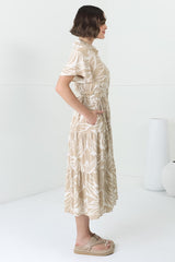 Luvira Midi Dress - Button Down Collared Dress With Statement Belt In Jeani Print Beige