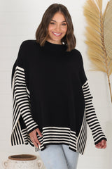 Irina Jumper - Crew Neck Batwing Sleeve Open Sides Jumper in Black