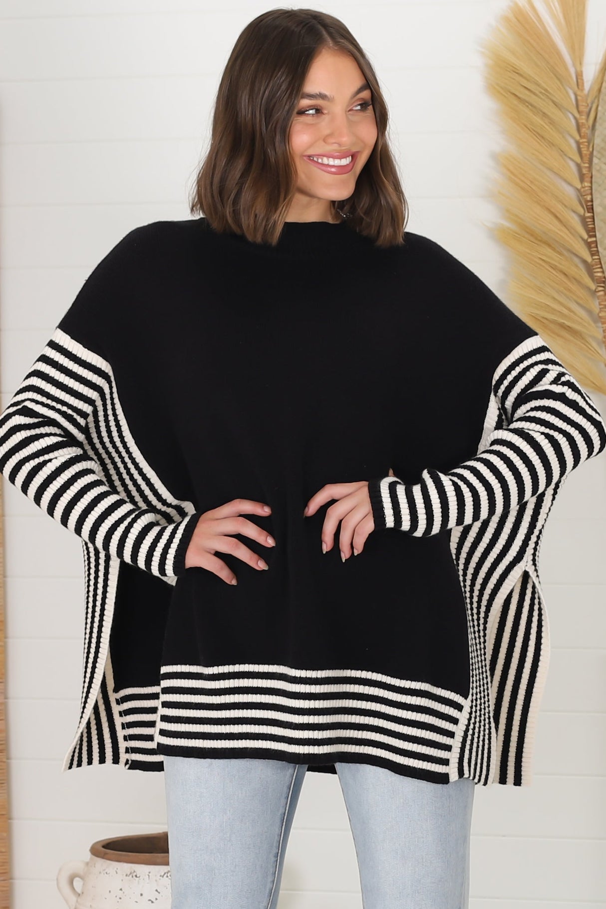 Irina Jumper - Crew Neck Batwing Sleeve Open Sides Jumper in Black