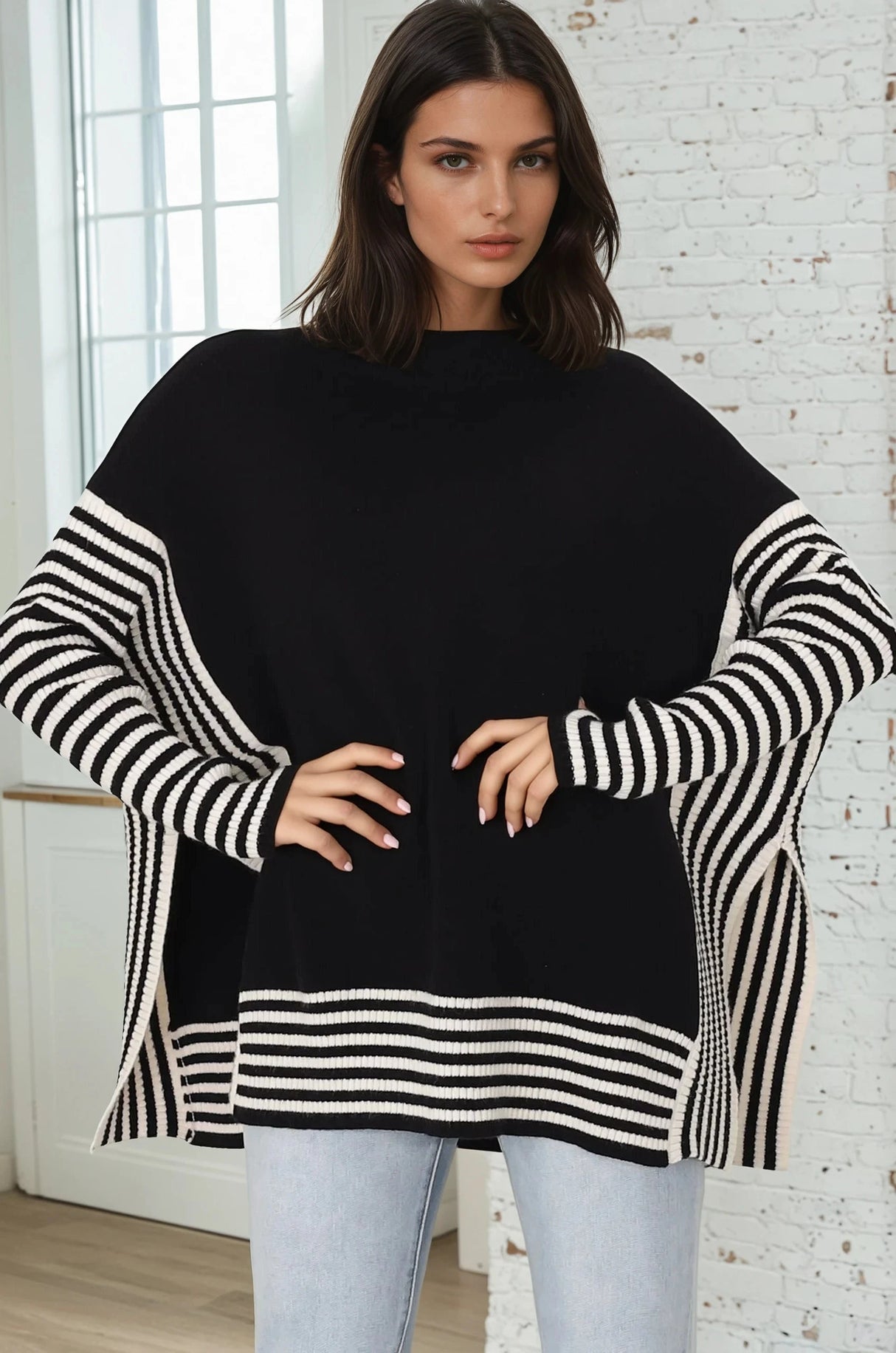 Irina Jumper - Crew Neck Batwing Sleeve Open Sides Jumper in Black