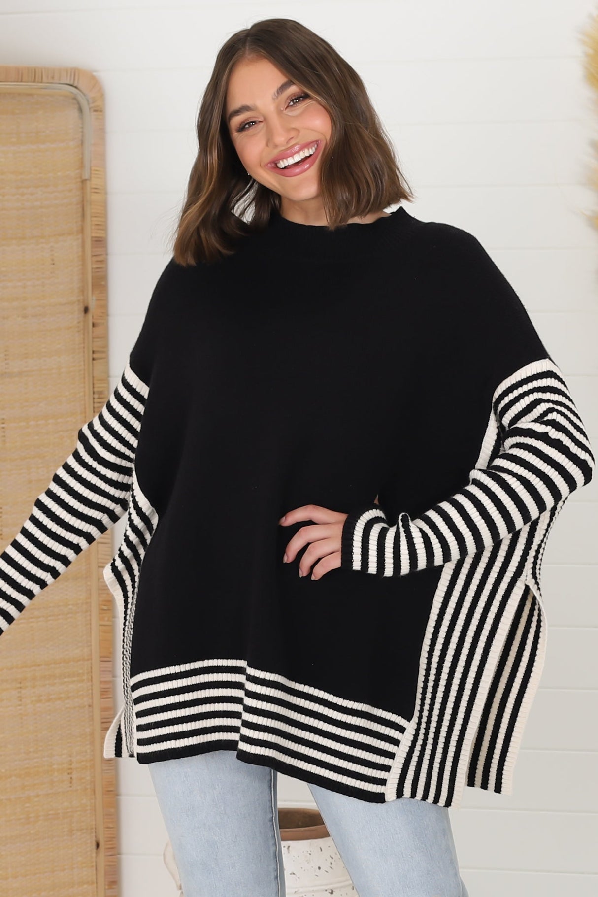 Irina Jumper - Crew Neck Batwing Sleeve Open Sides Jumper in Black