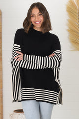 Irina Jumper - Crew Neck Batwing Sleeve Open Sides Jumper in Black