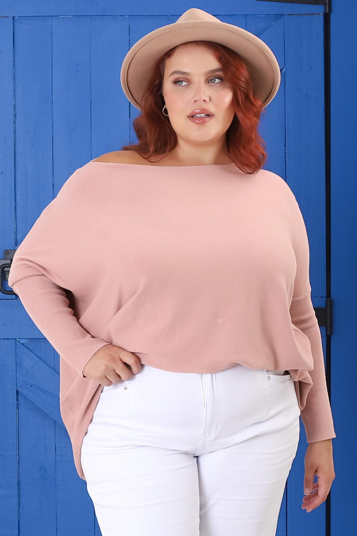 Belinda Knit Top - Boat Neckline Boxy Batwing Top in Blush