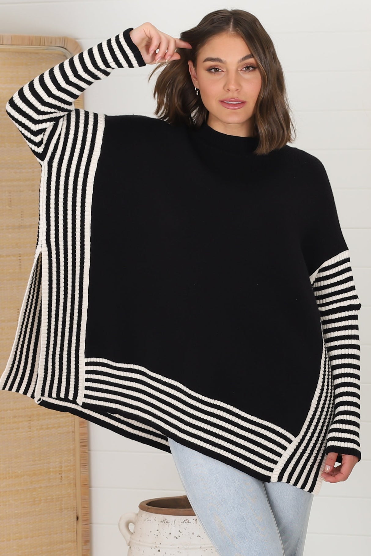 Irina Jumper - Crew Neck Batwing Sleeve Open Sides Jumper in Black