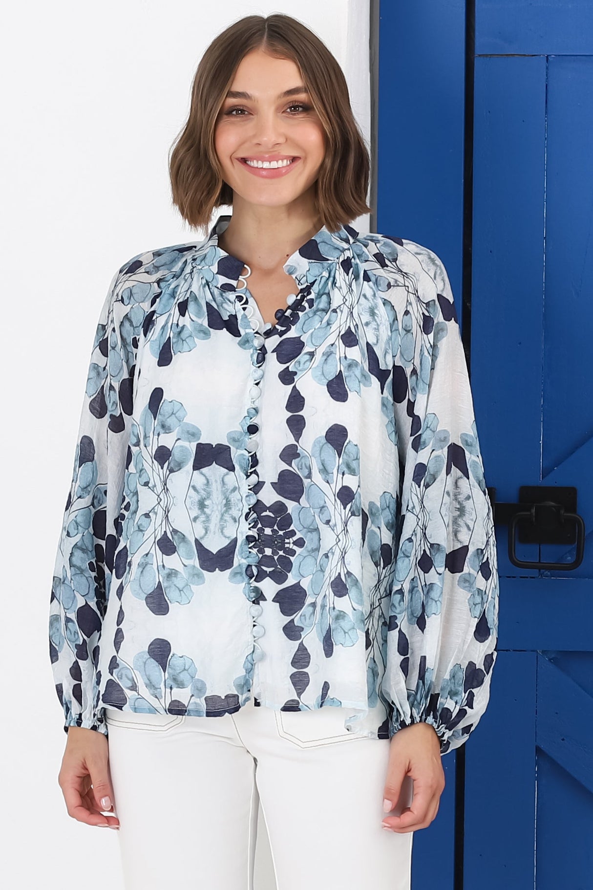 Portia Blouse - Button Down Lace Detail Shirt in Calea Blue Print