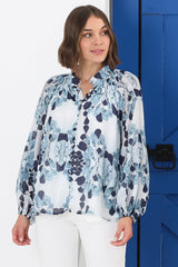 Portia Blouse - Button Down Lace Detail Shirt in Calea Blue Print