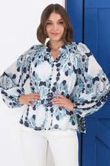 Portia Blouse - Button Down Lace Detail Shirt in Calea Blue Print