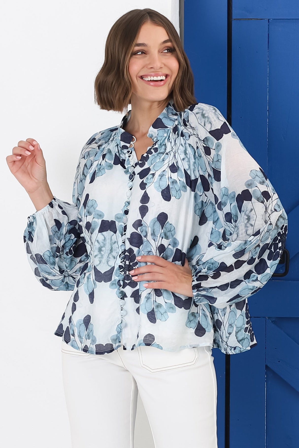 Portia Blouse - Button Down Lace Detail Shirt in Calea Blue Print