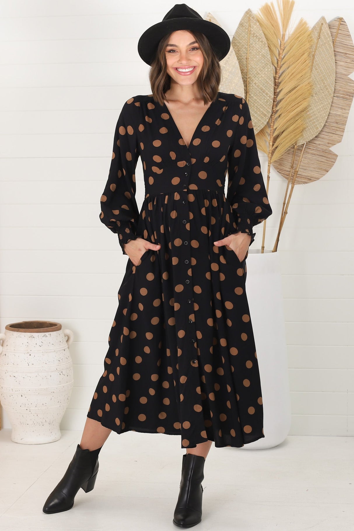 Jolie Midi Dress - V Neck Buttoned Down Long Sleeve Dress In Mahony Print