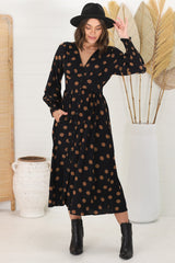 Jolie Midi Dress - V Neck Buttoned Down Long Sleeve Dress In Mahony Print