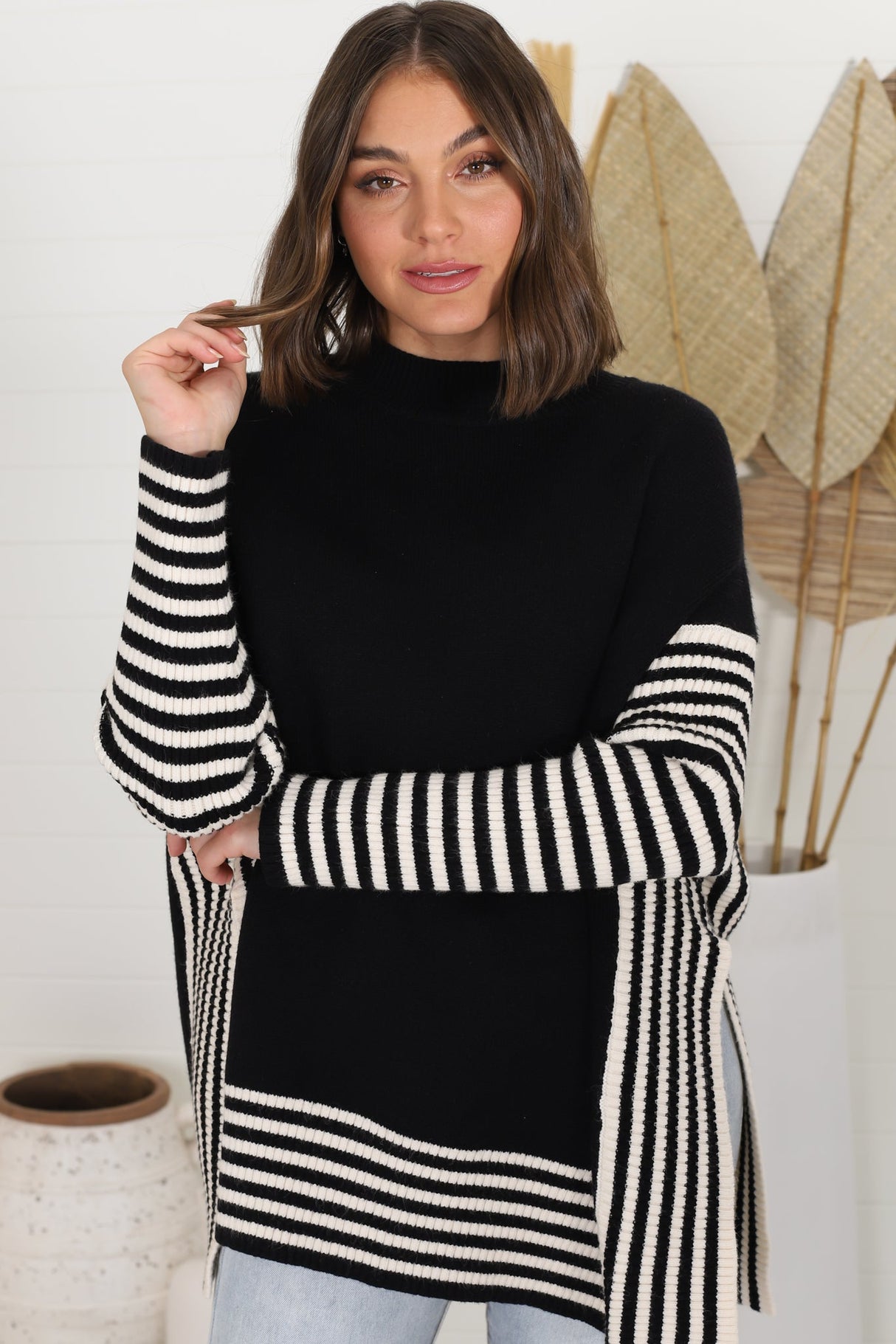 Irina Jumper - Crew Neck Batwing Sleeve Open Sides Jumper in Black