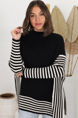 Irina Jumper - Crew Neck Batwing Sleeve Open Sides Jumper in Black