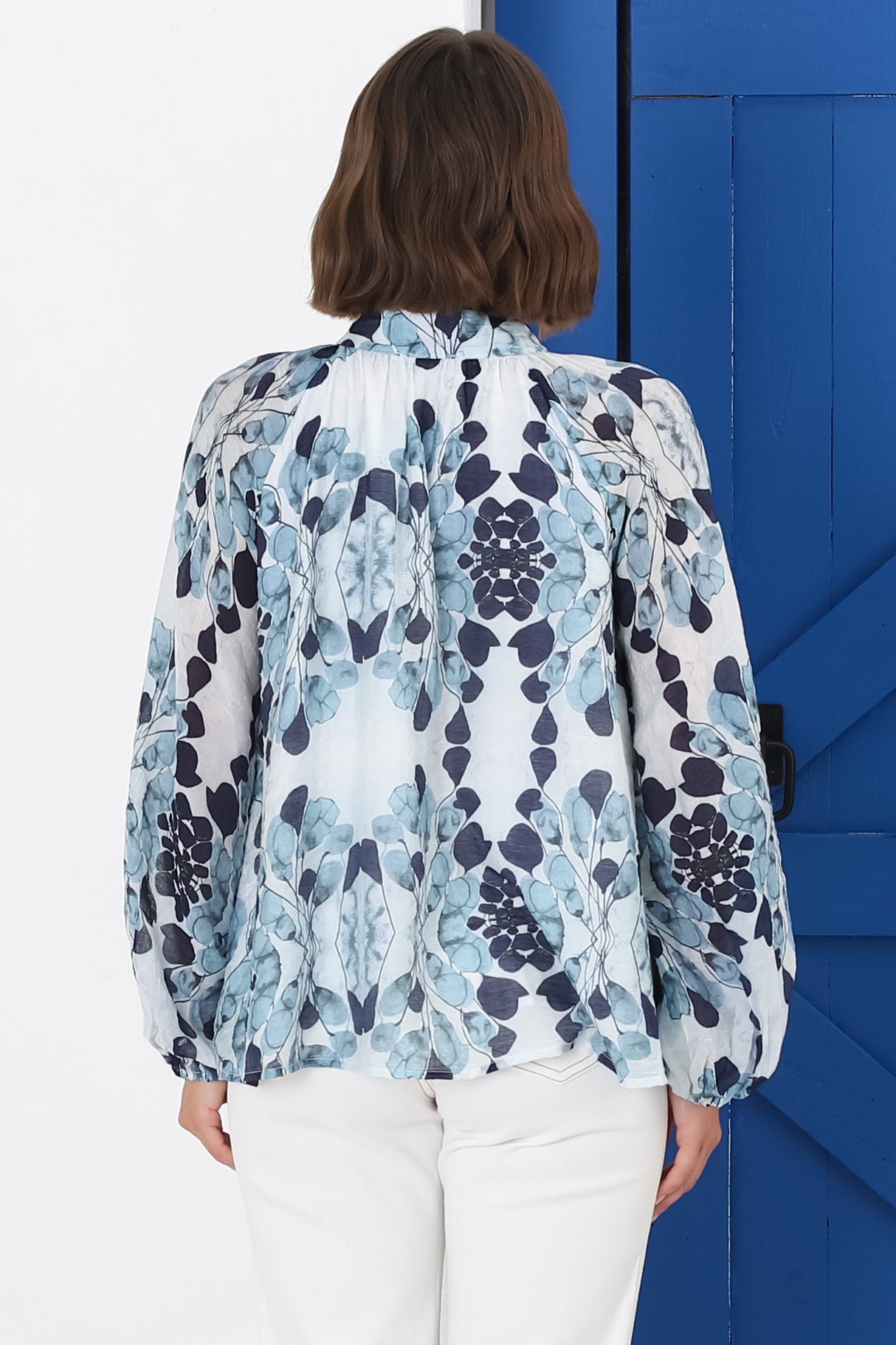 Portia Blouse - Button Down Lace Detail Shirt in Calea Blue Print