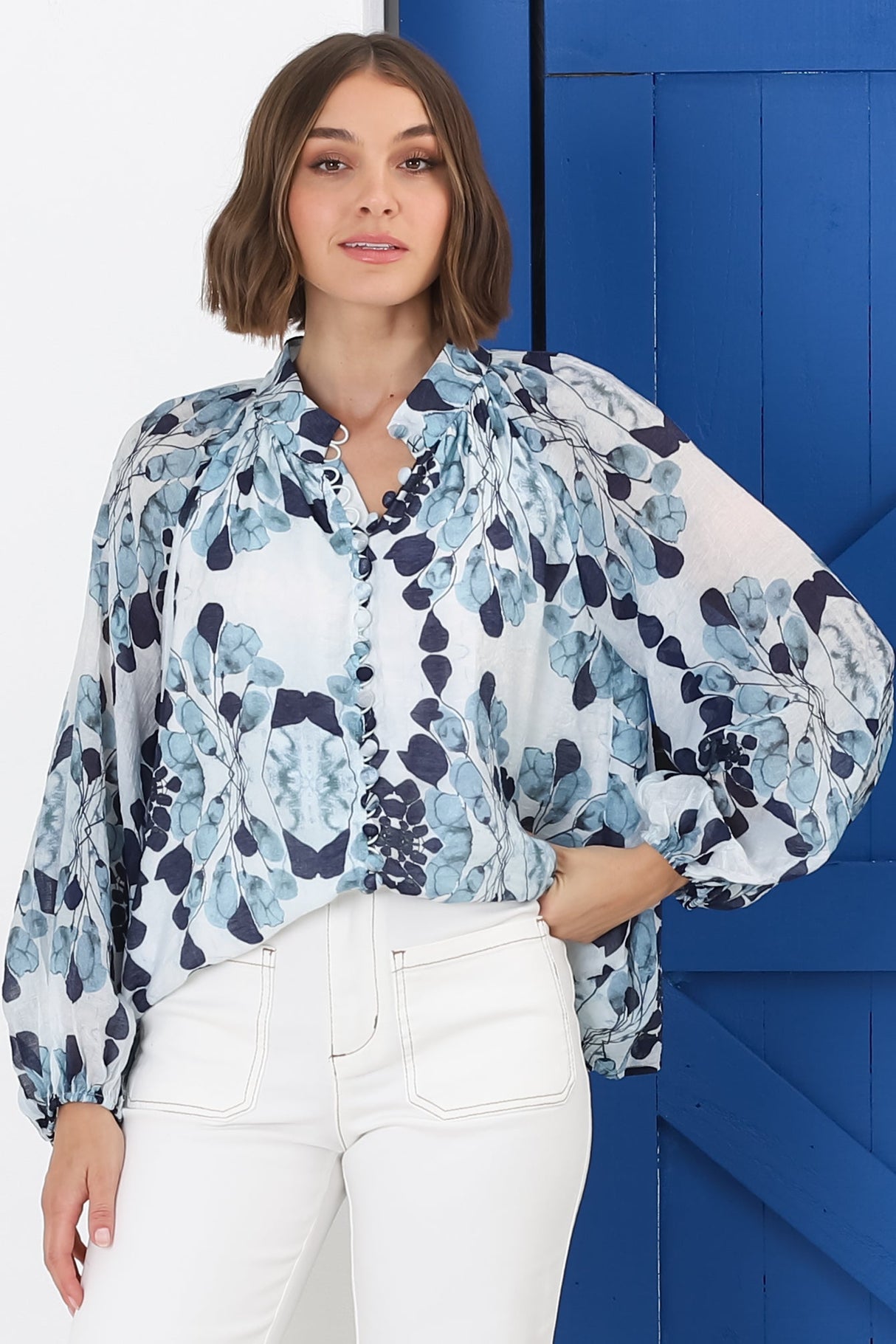 Portia Blouse - Button Down Lace Detail Shirt in Calea Blue Print