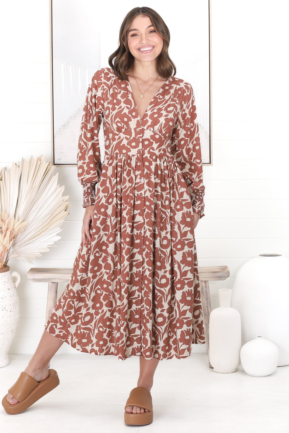 Jolie Midi Dress - V Neck Button Down Dress in Emma-Jade Brown