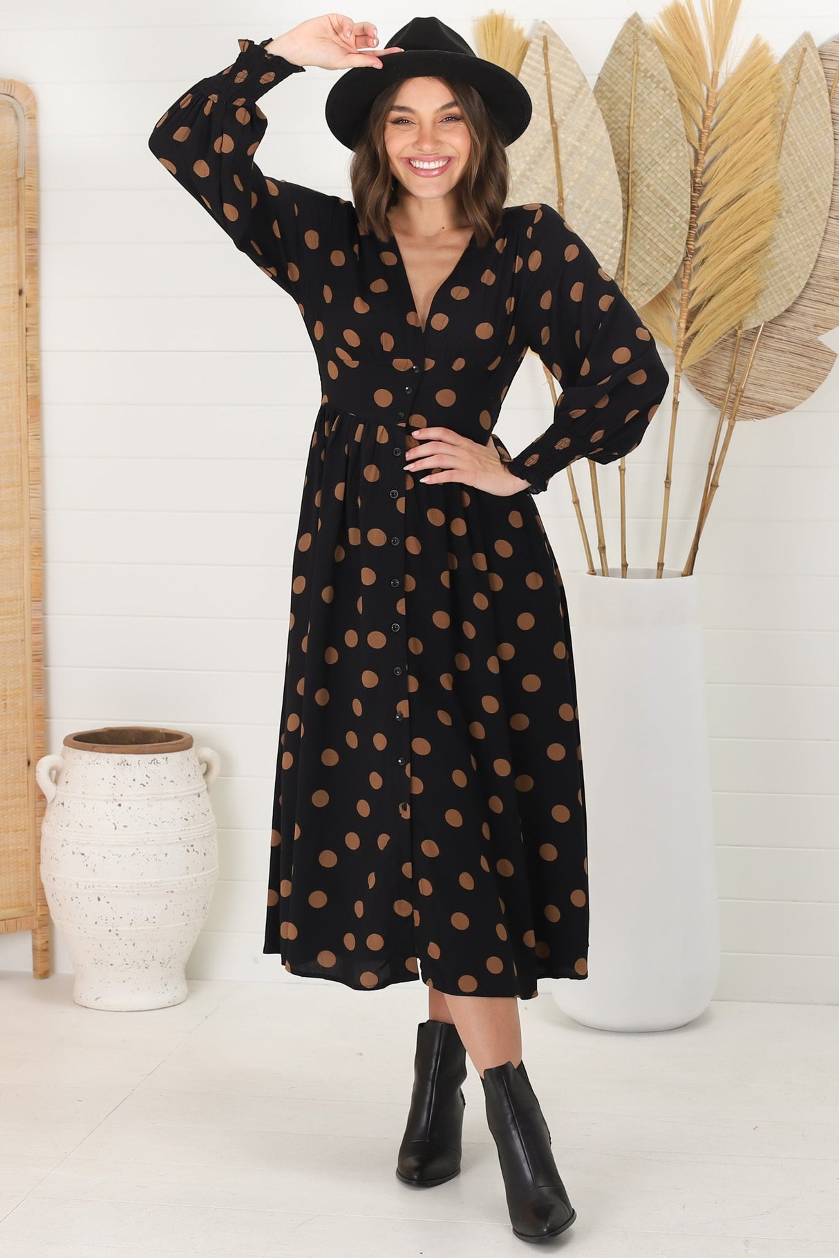 Jolie Midi Dress - V Neck Buttoned Down Long Sleeve Dress In Mahony Print