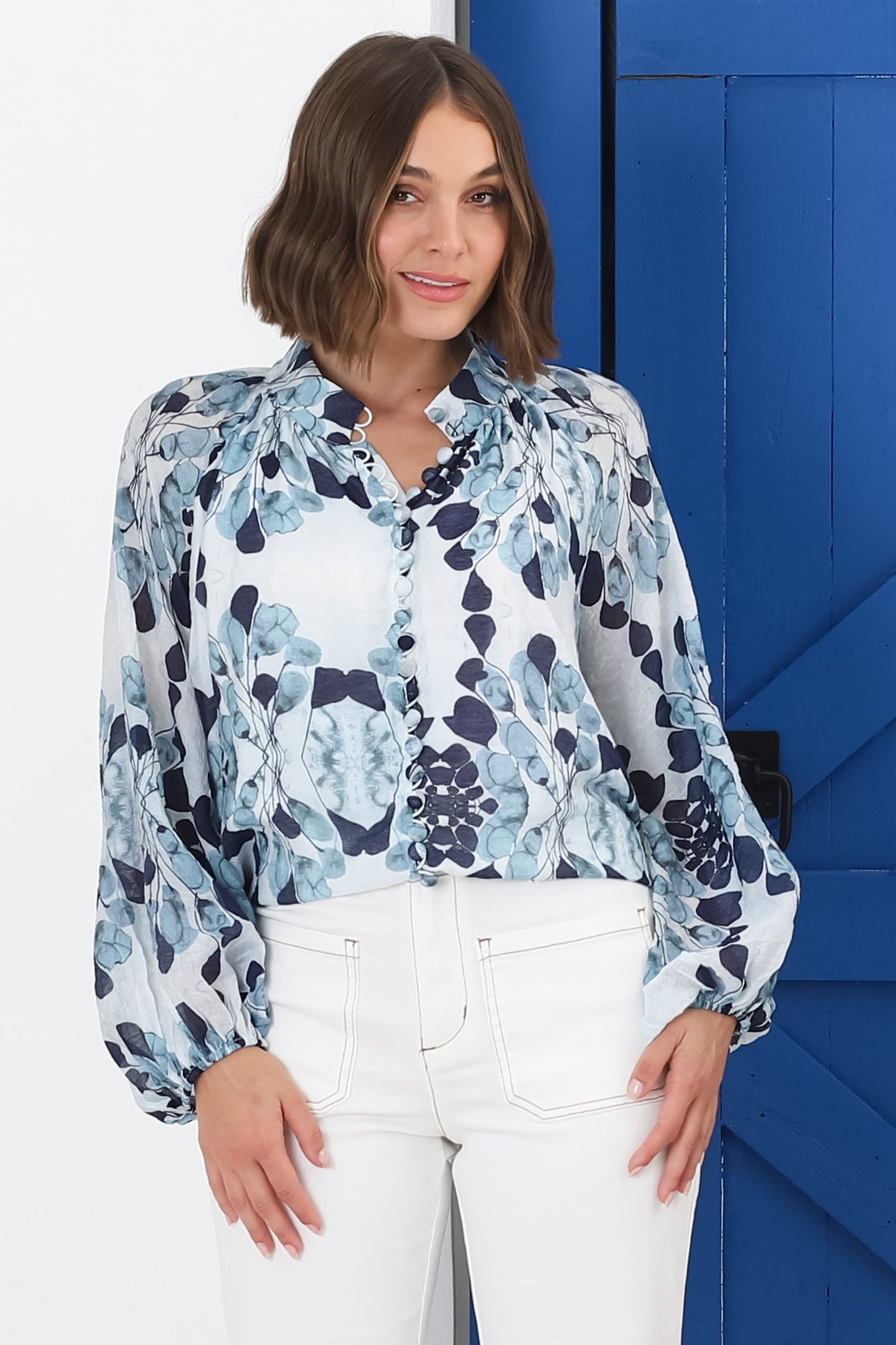 Portia Blouse - Button Down Lace Detail Shirt in Calea Blue Print