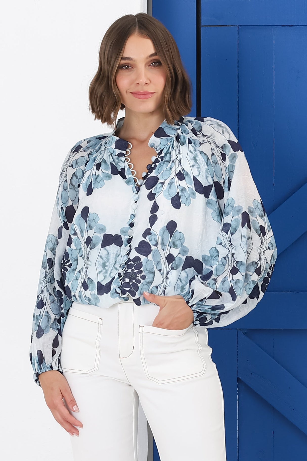 Portia Blouse - Button Down Lace Detail Shirt in Calea Blue Print