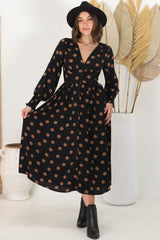 Jolie Midi Dress - V Neck Buttoned Down Long Sleeve Dress In Mahony Print