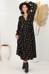 Jolie Midi Dress - V Neck Buttoned Down Long Sleeve Dress In Mahony Print