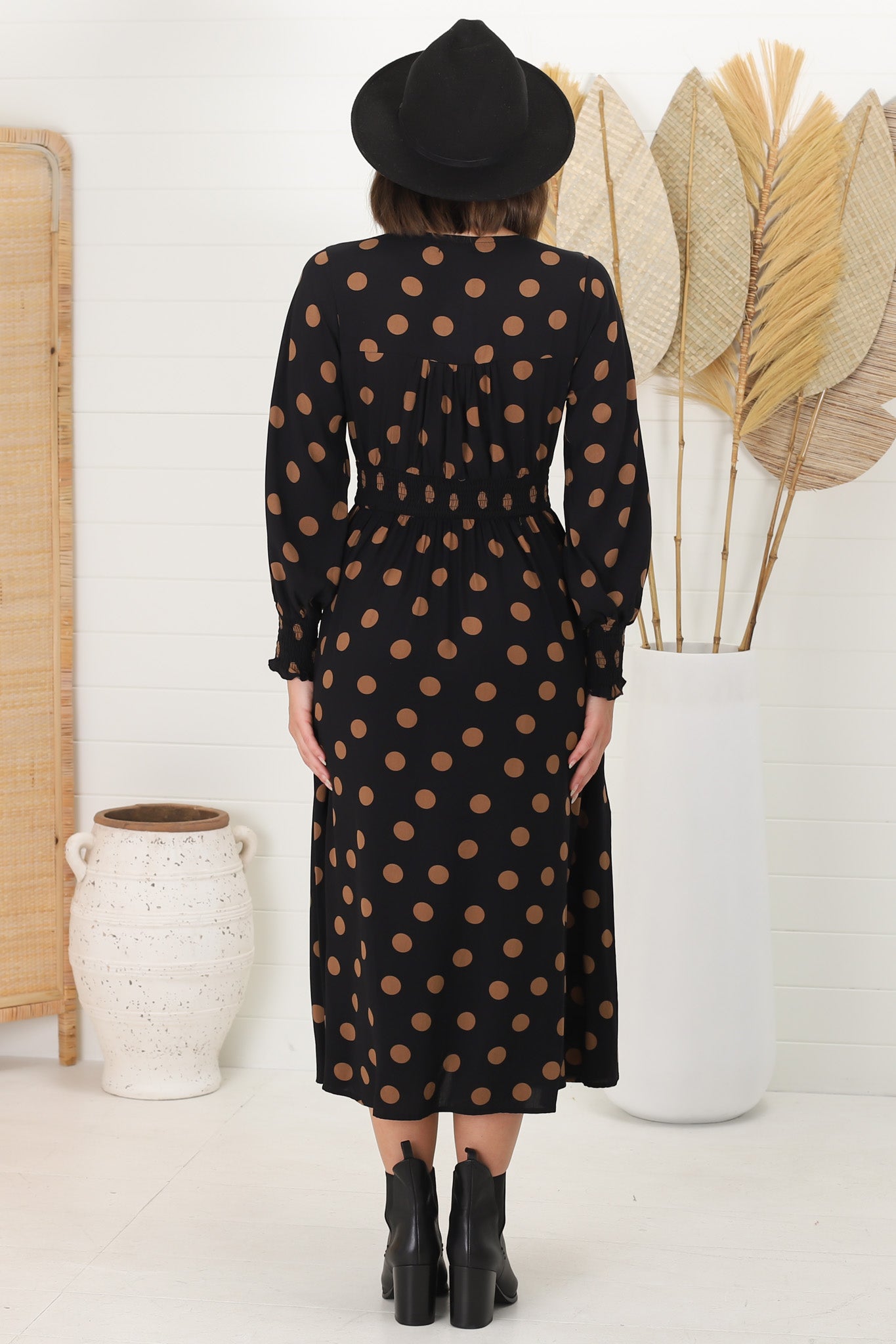 Jolie Midi Dress - V Neck Buttoned Down Long Sleeve Dress In Mahony Print