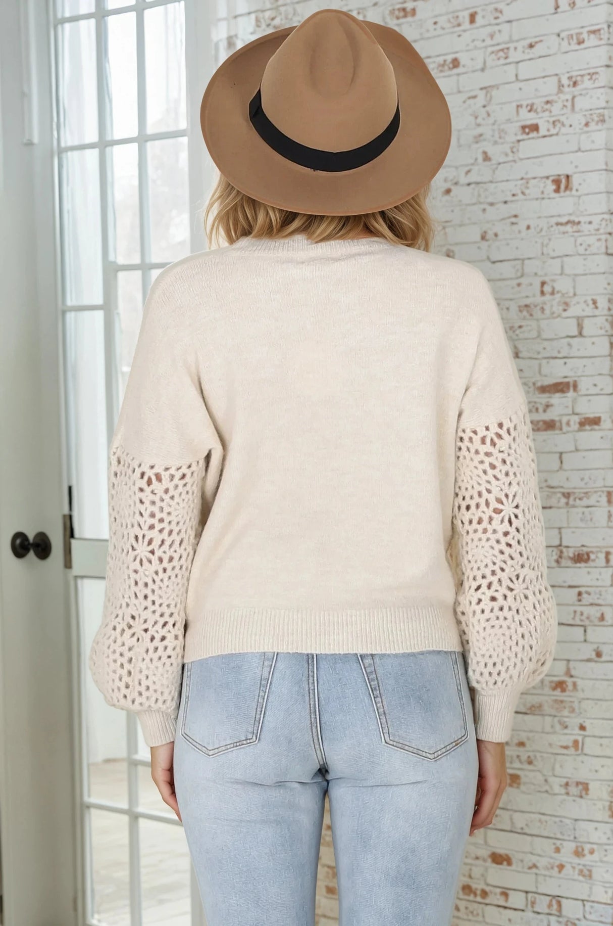 Roland Jumper -  Crew Neck Open Knit Sleeve Jumper in Beige