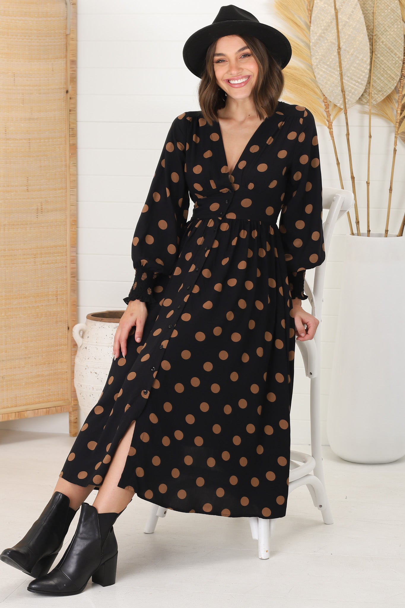 Jolie Midi Dress - V Neck Buttoned Down Long Sleeve Dress In Mahony Print