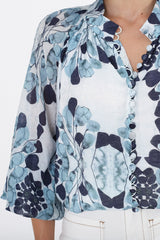 Portia Blouse - Button Down Lace Detail Shirt in Calea Blue Print