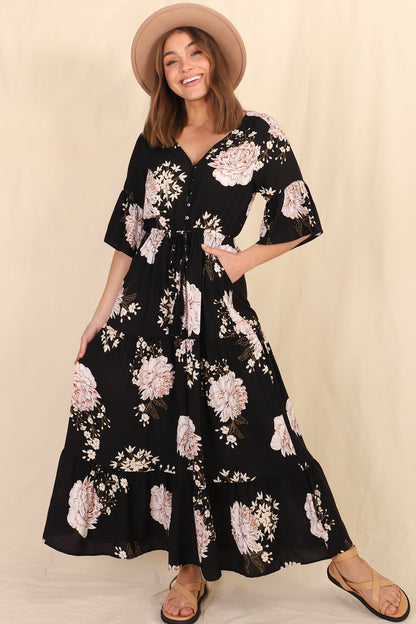 Rae Maxi Dress - Buttoned Bodice Pull Waist A Line Dress in Leyla Print