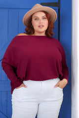 Belinda Knit Top - Boat Neckline Boxy Batwing Top in Burgundy