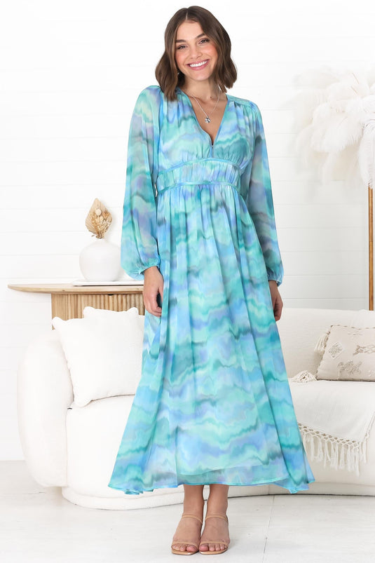 Helia Midi Dress - V Neck A Line Dress with Cinched Waist in Leilah Print Blue