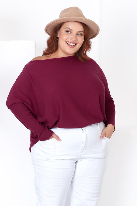 Belinda Knit Top - Boat Neckline Boxy Batwing Top in Burgundy