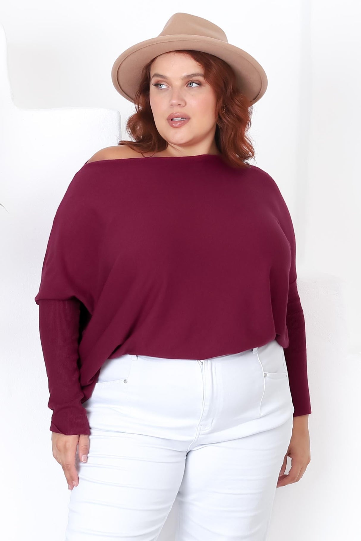 Belinda Knit Top - Boat Neckline Boxy Batwing Top in Burgundy