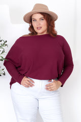 Belinda Knit Top - Boat Neckline Boxy Batwing Top in Burgundy